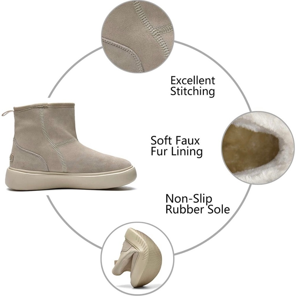 New Womens Winter Fur Lined Suede Ankle Snow Boots Beige - Picture 2 of 7